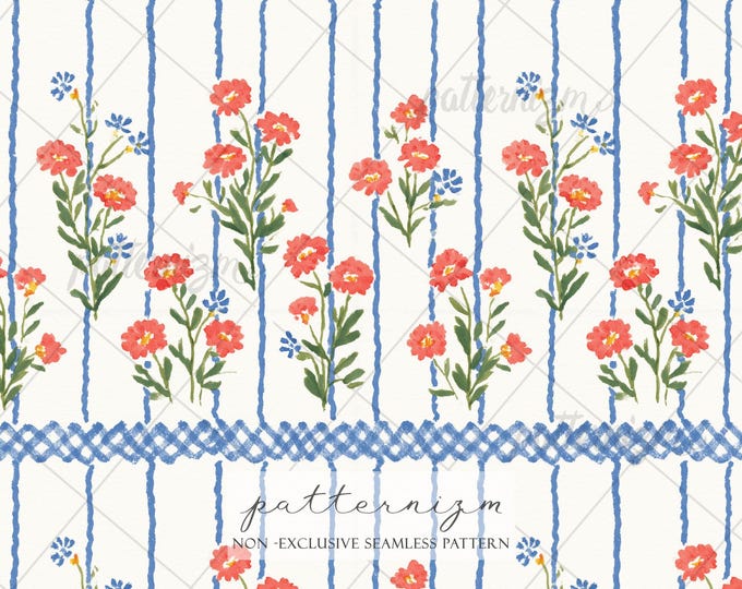 Seamless Soft Patriotic Floral Pattern Digital Download – Subtle 4th of July Americana Stripe & Wildflower Design, Cottagecore Fabric