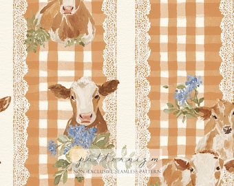 Watercolor Cow Gingham Pattern Digital Paper – Brown Checkered Stripes with Lace, Farmhouse Seamless Design