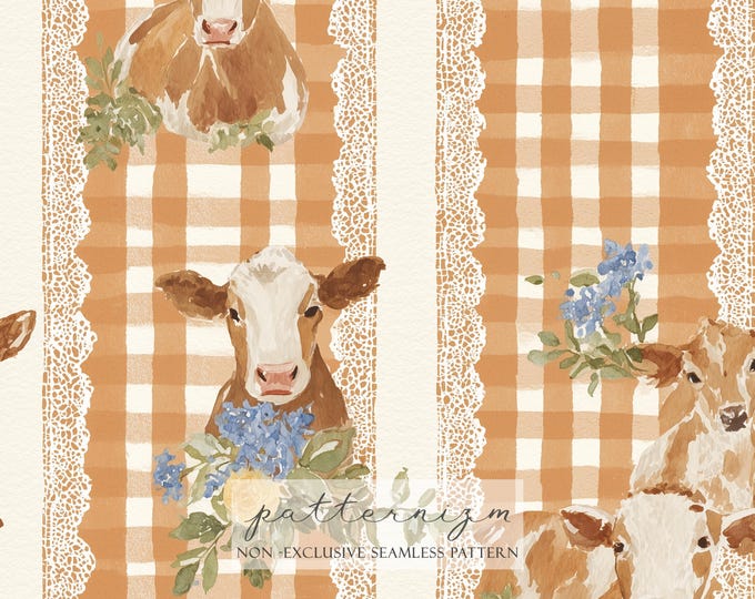 Watercolor Cow Gingham Pattern Digital Paper – Brown Checkered Stripes with Lace, Farmhouse Seamless Design