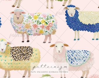 Seamless Floral Sheep Pattern Digital Download – Whimsical Farm Animal Cottagecore Design, Cute Lamb Fabric Print