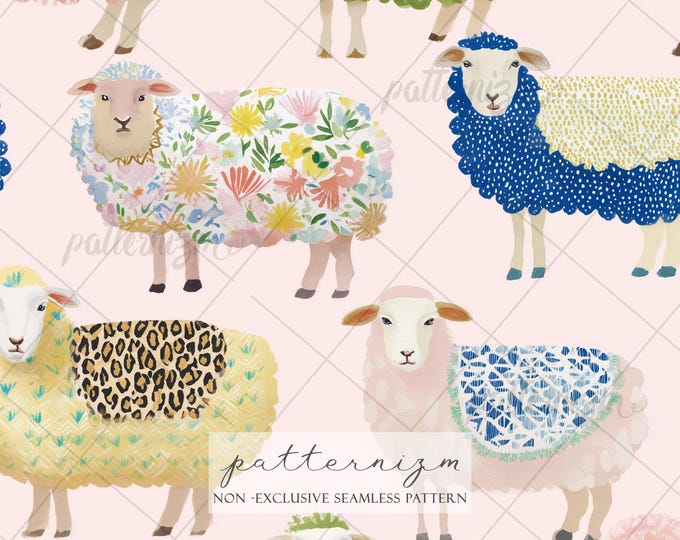 Seamless Floral Sheep Pattern Digital Download – Whimsical Farm Animal Cottagecore Design, Cute Lamb Fabric Print