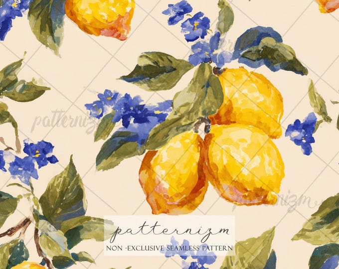 Seamless Amalfi Lemon Pattern Digital Download – Italian Citrus & Blue Floral Design, Mediterranean Summer Fabric, Coastal Kitchen Print