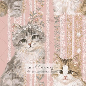 May include: Seamless pattern featuring watercolor illustrations of adorable kittens with floral accents. The background is a soft pink with vertical stripes and decorative elements. The text "patternizm" and "NON-EXCLUSIVE SEAMLESS PATTERN" are visible.