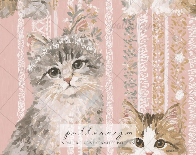 Seamless Cute Cat Portrait Pattern Digital Download – Painted Kittens, Pink Nursery Fabric Design