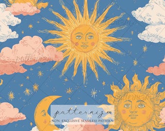 Celestial Sun Moon Pattern Digitales Papier - Vintage Astrologie-Illustration mit Wolken und Sternen, nahtloses kosmisches Design