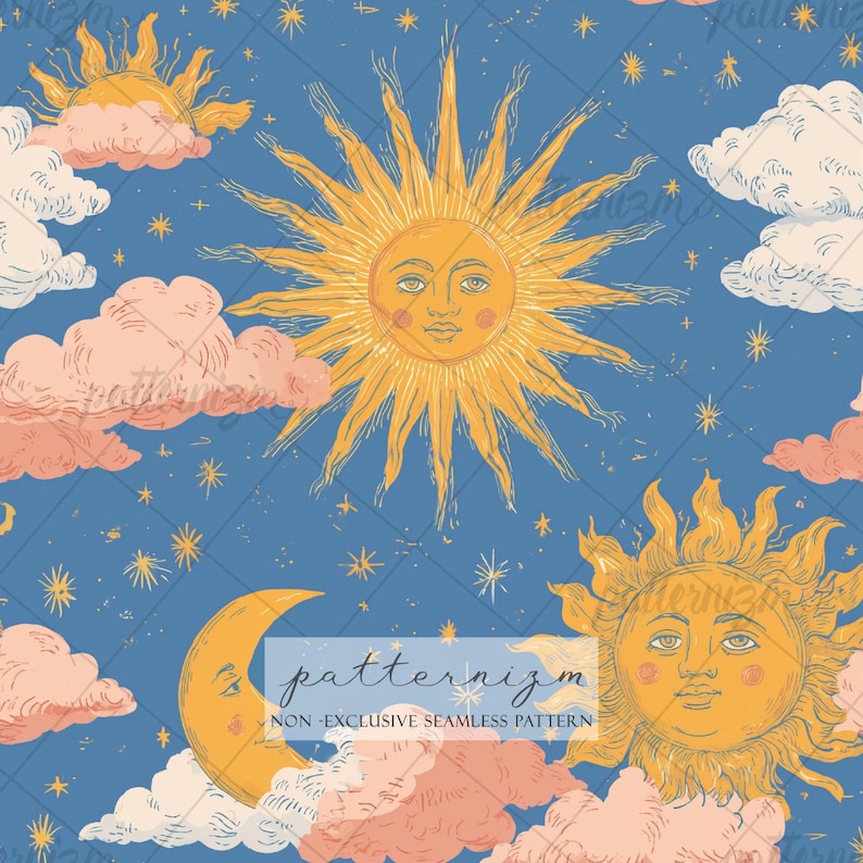Celestial Sun Moon Pattern Digital Paper – Vintage Astrology Illustration with Clouds and Stars, Seamless Cosmic Design afbeelding 1