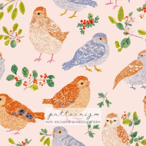 May include: A repeating pattern of watercolour birds in orange, blue, and tan, with green leaves and red berries on a pale pink backdrop. The design includes the text "patternizm" and "NON - EXCLUSIVE SEAMLESS PATTERN".