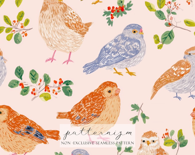 Seamless Cute Birds Pattern Digital Download - Watercolor Songbirds & Berries, Whimsical Spring Forest Repeat, Kids Fabric, Crafts