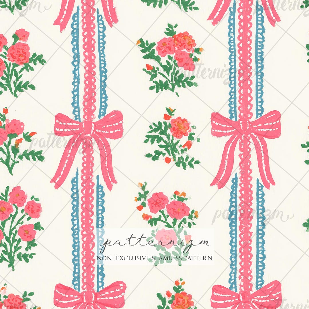 Seamless Coquette Floral Ribbon Pattern Digital Download – Pink Bow ...