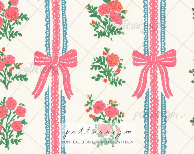 Seamless Coquette Floral Ribbon Pattern Digital Download – Pink Bow Stripe Design, Romantic Cottagecore Rose Print, Feminine Fabric