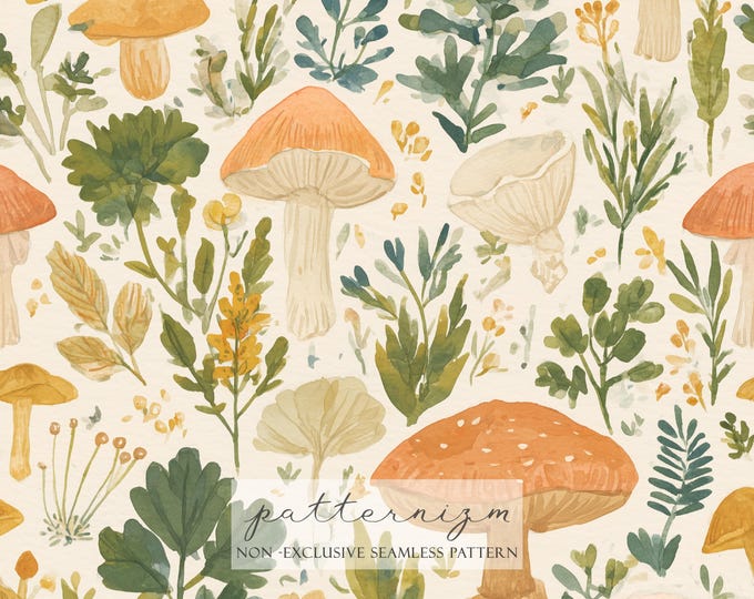 Watercolor Mushroom Pattern – Woodland Forest Botanicals, Cozy Autumn Seamless Design for Fabric, Scrapbooking & Crafts