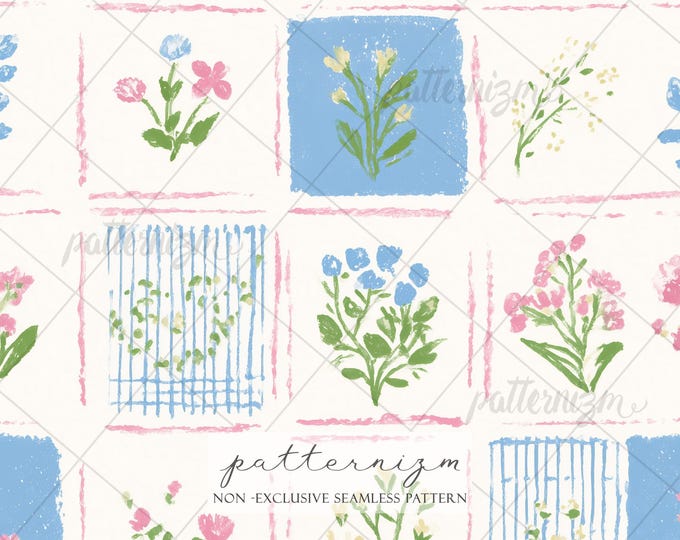 Seamless Floral Patchwork Pattern Digital Download – Painted Garden Squares, Cottagecore Fabric