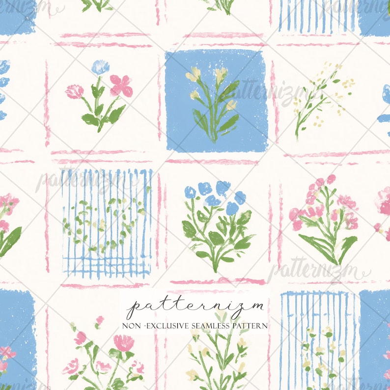 Puede incluir: Patr&oacute;n sin costuras con ilustraciones florales en rosa, azul y amarillo. El dise&ntilde;o incluye bloques cuadrados con flores y follaje, sobre un fondo blanco con l&iacute;neas rosas y azules. El texto "patternizm" es visible.