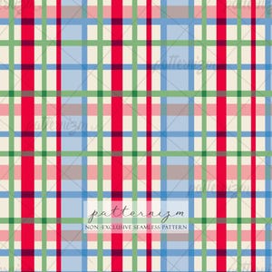 May include: A seamless plaid pattern featuring a grid of intersecting vertical and horizontal lines in bright red, light blue, and green on a cream background. The text patternizm and NON-EXCLUSIVE SEAMLESS PATTERN is centred in a white box.