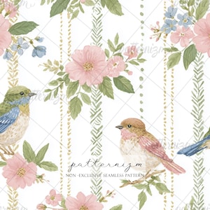 May include: Watercolor seamless pattern featuring birds, pink and blue flowers, and green leaves on a white background. The design includes vertical stripes with gold accents and the text "patternizm NON-EXCLUSIVE SEAMLESS PATTERN".