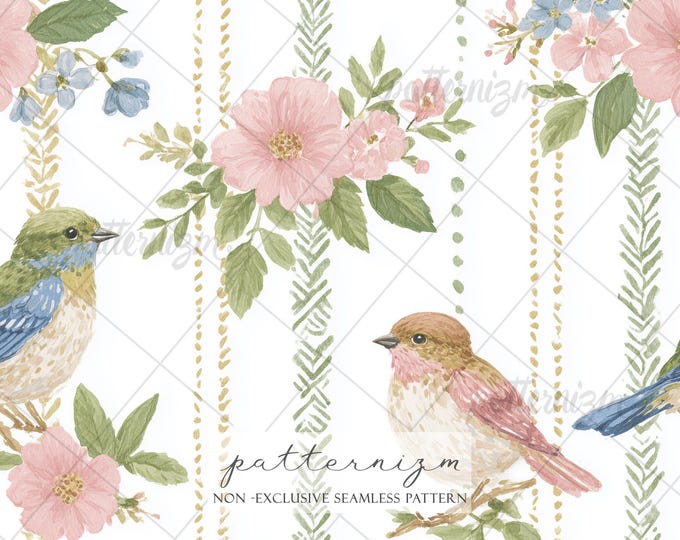 Seamless Vintage Floral Bird Stripe Pattern Digital Download – Painted Birds and Flowers Fabric