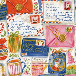 May include: A seamless pattern featuring hand-painted illustrations of Christmas envelopes with Santa stamps, wrapped gifts, striped mugs, and candles. The envelopes display handwritten text addressed to Santa, while the blue gift features a Santa graphic.