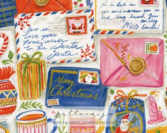 Seamless Christmas Mail Pattern Digital Download – Santa Letter & Holiday Envelope Design, Festive Mug Print, Whimsical Fabric Kids Crafts