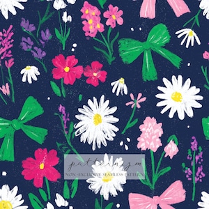 May include: A seamless pattern featuring a dark blue background with a hand-drawn floral design. The pattern includes white daisies, pink and red flowers, purple lavender, and green and pink bows. The text "patternizm" and "NON-EXCLUSIVE SEAMLESS PATTERN" is visible.