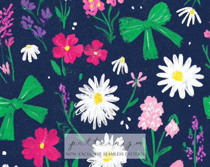 Dark Floral Seamless Pattern, Midnight Blue Wildflowers with Bows, Bold Girly Repeat Design, Nursery Wallpaper Digital Download