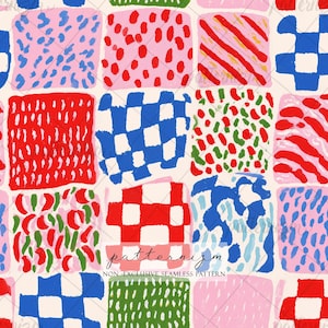 May include: Seamless pattern featuring a grid of colorful, hand-painted squares. Each square is filled with abstract designs in shades of red, blue, pink, and green. The text "patternizm" and "NON-EXCLUSIVE SEAMLESS PATTERN" are at the bottom.