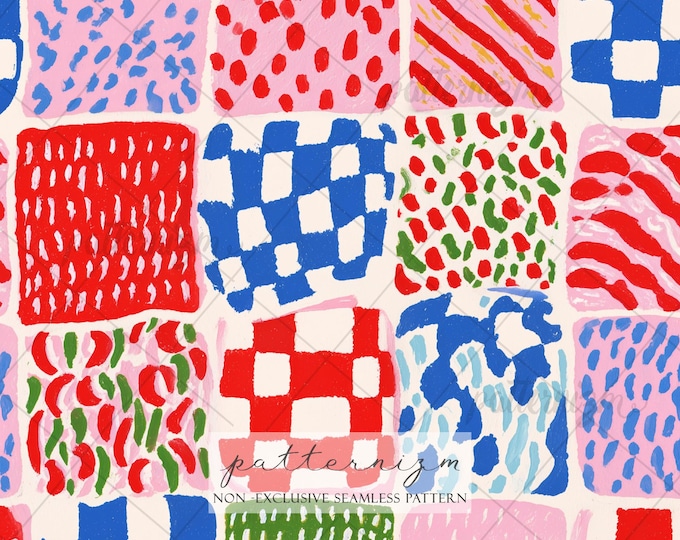Playful Patchwork Seamless Pattern, Colorful Geometric Squares, Quilt Design, Modern Abstract Textile Print, Kids Fabric Pattern