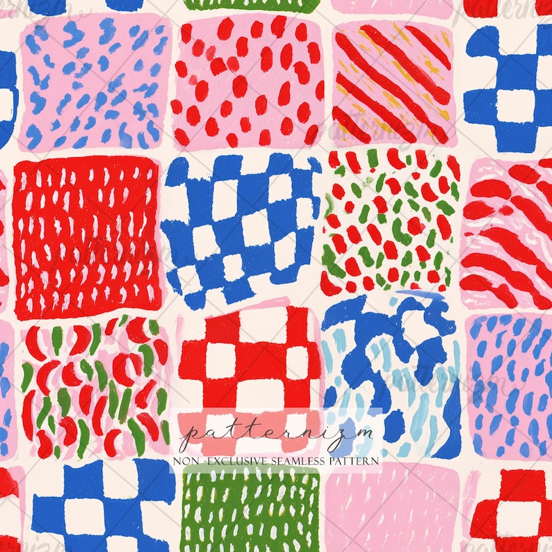 May include: Seamless pattern featuring a grid of colorful, hand-painted squares. Each square is filled with abstract designs in shades of red, blue, pink, and green. The text "patternizm" and "NON-EXCLUSIVE SEAMLESS PATTERN" are at the bottom.