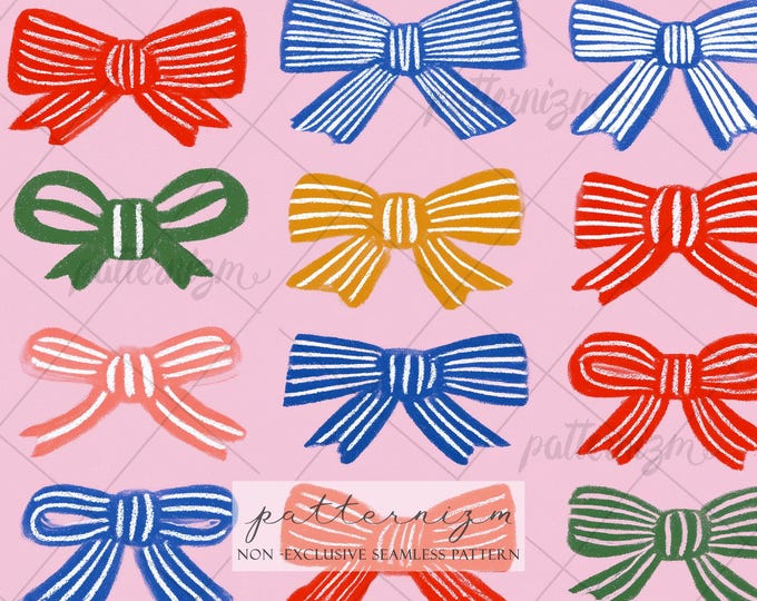 Seamless Colorful Striped Bow Pattern Digital Download – Whimsical Ribbon Design on Pink, Retro Vibrant Fabric for Kids & Nursery Crafts