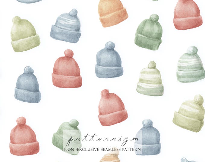 Watercolor Baby Hat Seamless Pattern – Cute Nursery Beanie Print in Pastel Colors, Digital Paper for Winter Fabric & Crafts