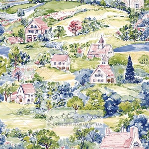 May include: Watercolor illustration of a rural landscape featuring rolling hills, houses with pink roofs, and lush greenery. The scene includes trees, fields, and a small body of water. The text "patternizm" and "NON EXCLUSIVE SEAMLESS PATTERN" are visible.