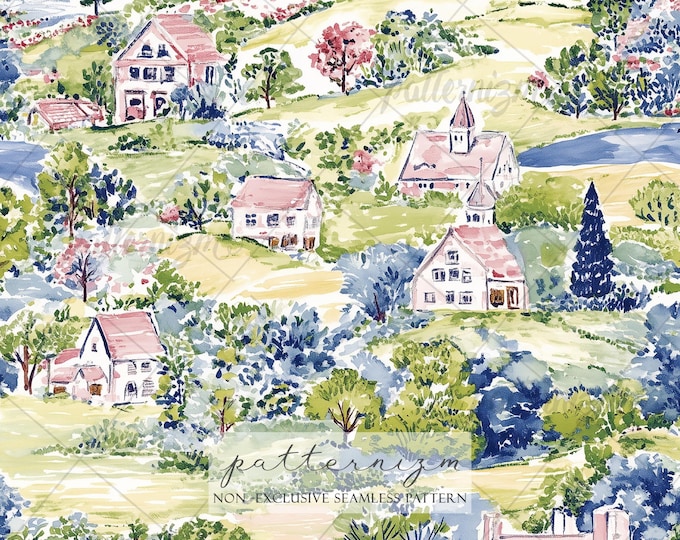 Seamless French Countryside Pattern Digital Download – Watercolor Village Landscape, Vintage Cottagecore Fabric Print