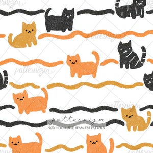 May include: A seamless pattern on a white background featuring hand-drawn style illustrations of small cats in black and orange. The cats are arranged between horizontal wavy lines in alternating black and orange colors with a textured appearance.