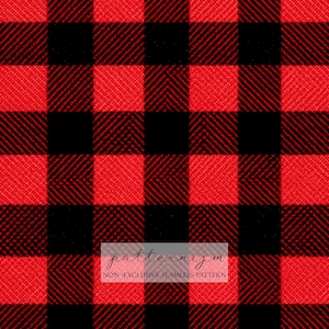 Puede incluir: Patrón de cuadros de búfalo rojo y negro. El diseño presenta un patrón repetitivo de cuadrados grandes en un clásico cuadro de búfalo. La imagen incluye el texto "patternizm" y "NON-EXCLUSIVE SEAMLESS PATTERN".