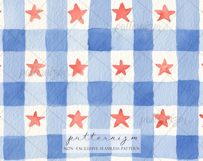 Seamless Patriotic Star Pattern Digital Download – 4th of July Americana Blue Gingham & Red Star Design, Cute Summer Fabric