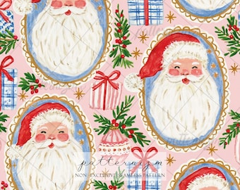 Santa Claus Seamless Pattern Digital Download, Vintage Christmas Portrait Pink Coquette Holiday Ornaments