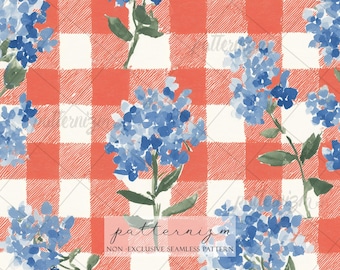 Soft 4th of July Floral Gingham Seamless Pattern – Americana Blue Hydrangea Red Checkered Cottagecore Fabric Design