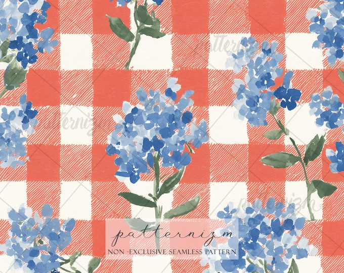 Soft 4th of July Floral Gingham Seamless Pattern – Americana Blue Hydrangea Red Checkered Cottagecore Fabric Design