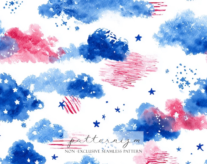 Patriotic Cloud Seamless Pattern – Red and Blue Watercolor Clouds with Stars, Whimsical Digital Paper for Crafts & Holidays
