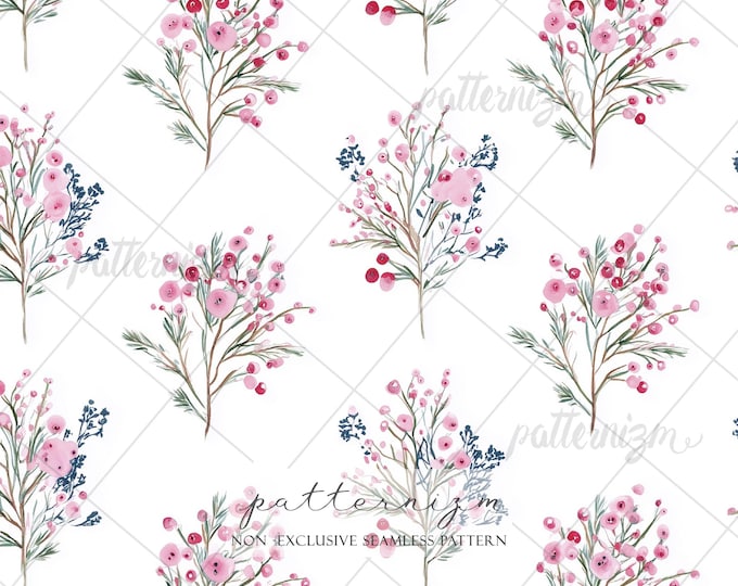 Pink Berry Floral Seamless Pattern Digital Download – Soft Watercolor Botanical Design, Romantic Cottagecore Print, Spring Fabric