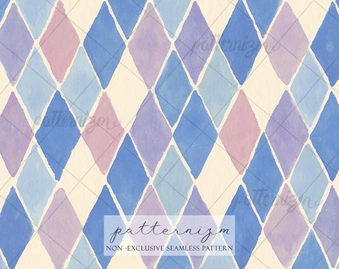 Pastel Harlequin Seamless Pattern – Soft Diamond Repeat, Blue Geometric, Watercolor