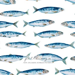 May include: Watercolor pattern featuring multiple blue and silver fish on a white background. The fish are oriented in various directions, with detailed fins and scales. The text "patternizm" and "NON - EXCLUSIVE SEAMLESS PATTERN" are at the bottom.