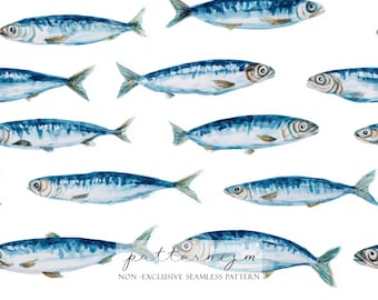 Watercolor Fish Seamless Pattern – Blue Ocean Sardine Repeat Design for Coastal Fabric, Nautical Wallpaper and Beach-Themed Crafts