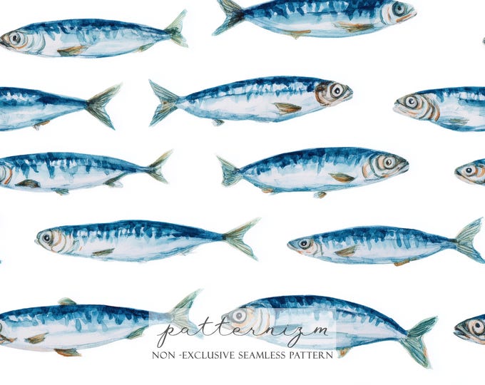 Watercolor Fish Seamless Pattern – Blue Ocean Sardine Repeat Design for Coastal Fabric, Nautical Wallpaper and Beach-Themed Crafts