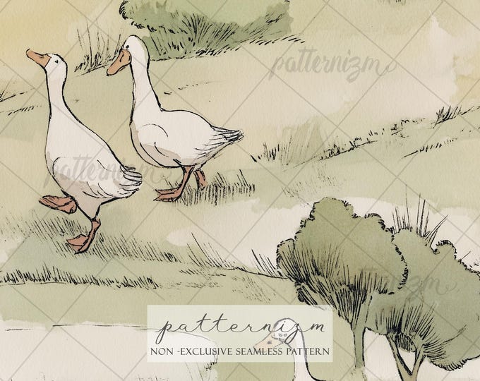 Seamless Goose Countryside Pattern Digital Download – Vintage Farm Duck Scene, Cottagecore Pastoral Toile Fabric Design