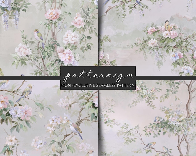 Seamless Vintage Bird Floral Pattern Digital Download – Romantic Chinoiserie Garden Design, Soft Botanical Toile Print, Elegant Fabric Set