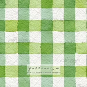 May include: Watercolor-style seamless pattern featuring a green and white checkered design. The pattern has a textured appearance, with variations in the green hues. The text "patternizm" and "NON-EXCLUSIVE SEAMLESS PATTERN" are at the bottom.
