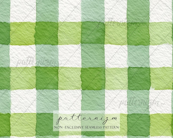 Seamless Green Gingham Pattern Digital Download – Watercolor Checkered Design, St. Patricks Day Fabric, Whimsical Spring Picnic Print