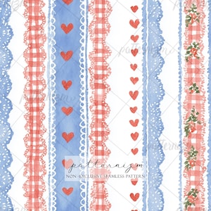 Watercolor Lace Stripe Seamless Pattern Digital Paper – Blue Red Hearts and Gingham Detail Design