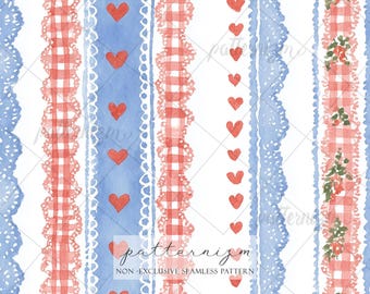 Watercolor Lace Stripe Seamless Pattern Digital Paper – Blue Red Hearts and Gingham Detail Design