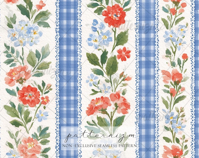 Seamless Patriotic Floral Pattern Digital Download – 4th of July Americana Gingham & Wildflower Design, Vintage Cottagecore Fabric